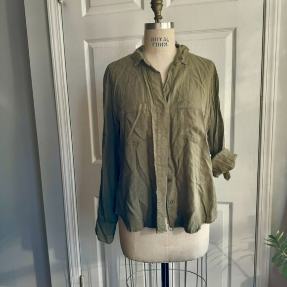 Anthropologie Cloth & Stone Green Button Down Shirt Size L Fatigue Stone Washed - Picture 3 of 11